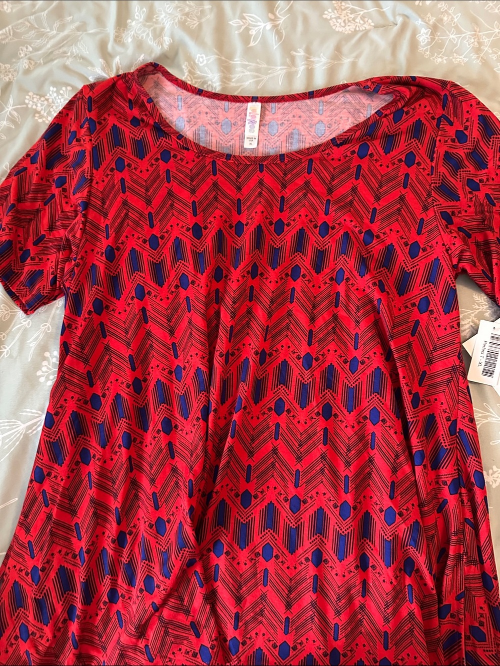 LuLaRoe Red Tunic with Navy Geometric Print